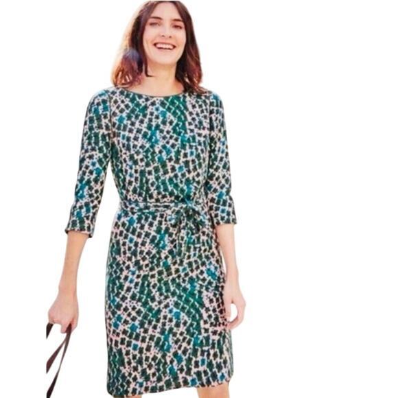 Boden Floral Kelly Green & Pink Four Leaf Clover Sheath Belted Tie Dress US 6R - Picture 1 of 16
